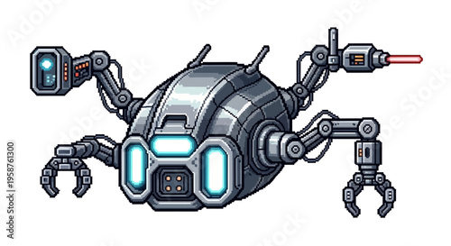 Futuristic Robotic Drone with Laser and Manipulator Arms.