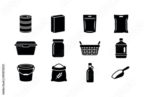 Collection of black icons representing various food packaging and containers