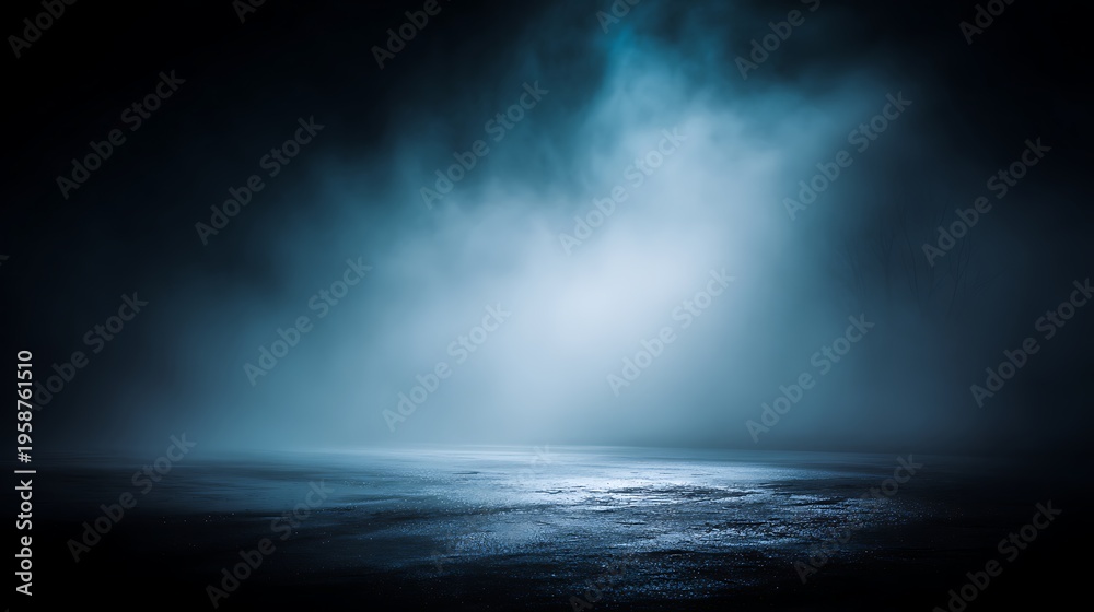Fototapeta premium Product stage with cool blue light and fog on dark background