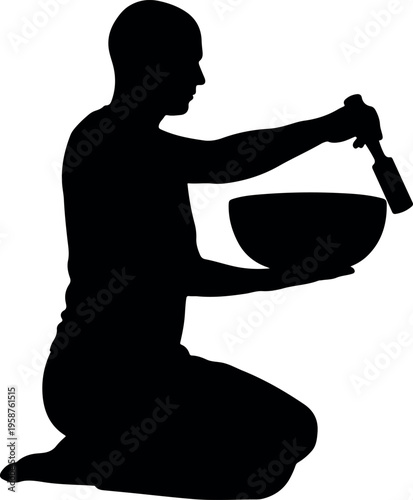 Sound therapy meditation silhouette with singing bowl for healthcare.