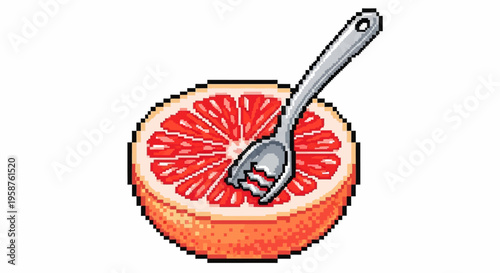 Grapefruit Half with Spoon Eating Illustration.