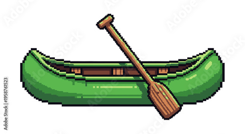 Green Canoe with Wooden Paddle Illustration.