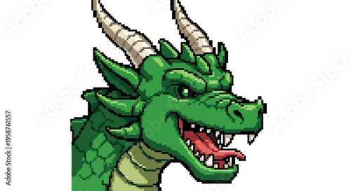 Green Dragon Head Illustration with Fierce Expression.