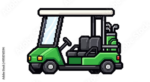 Green Pixel Art Golf Cart with Clubs.