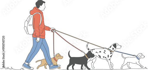 Male Dog Walker Walking Many Different Breeds of Dogs on Leashes with Backpack During Daily Outdoor Exercise, Professional Pet Care Service, Urban Lifestyle and Animal Activity Illustration