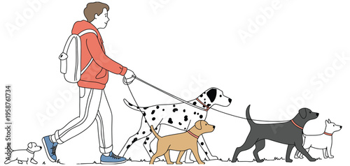 Male Dog Walker Walking Many Different Breeds of Dogs on Leashes with Backpack During Daily Outdoor Exercise, Professional Pet Care Service, Urban Lifestyle and Animal Activity Illustration