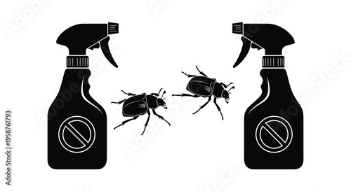 Two stylized insect repellent spray bottles flank a pair of dark beetles, indicating pest control services for household or garden management applications.