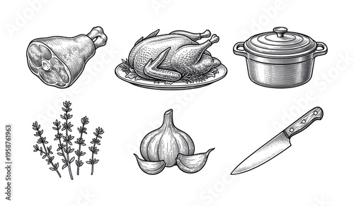 A set of vintage food illustrations in a hand drawn engraving style. Includes roast chicken, pork, garlic, thyme, pot, and knife. Perfect for menus, recipes, or rustic design.