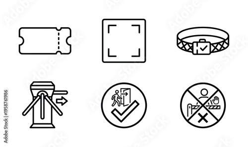 A versatile collection of black outline icons for airport security and public access. Includes ticket, turnstile, and warning signs. Perfect for web design, UI, and apps.