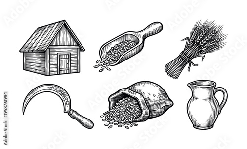 A vintage set of hand drawn farming icons in an engraving style. Includes barn, wheat, sickle, and grain. Perfect for logos, packaging, and branding organic farm products.