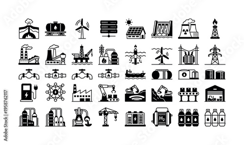 A set of black vector icons for energy and industry. Includes renewable, fossil fuel, and manufacturing symbols. Perfect for web design, apps, and business infographics.