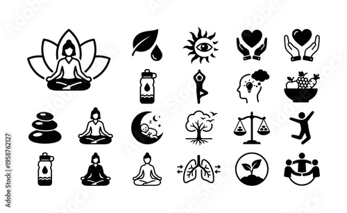 Collection of black vector icons representing yoga, wellness, health, and meditation. Symbols for a balanced, mindful lifestyle. Ideal for web, apps, and graphic design.