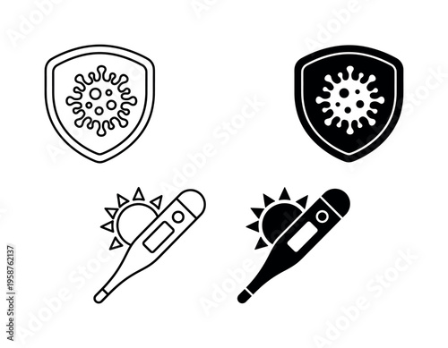 Set of virus protection and fever icons. A shield with a germ and a thermometer with a sun. For medical, health, pandemic, and disease concepts. Vector illustration.