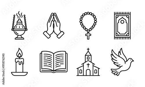 A minimalist set of religious line icons. Features Christian and Islamic faith symbols like a church, praying hands, rosary, bible, and prayer rug for spiritual design.