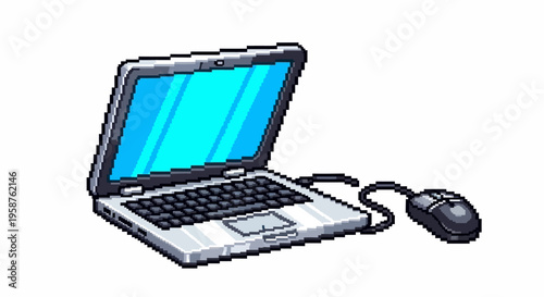 Modern Laptop Computer with Wired Mouse Illustration.