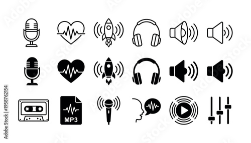 A collection of audio icons, including microphone, speaker, and headphones. Black line and glyph style vectors for podcast, music, UI, and sound design. Minimalist and modern.