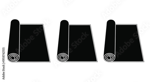 Three identical black floor mats or rolled carpets are depicted horizontally spaced against a clean white background, illustrating storage or display.