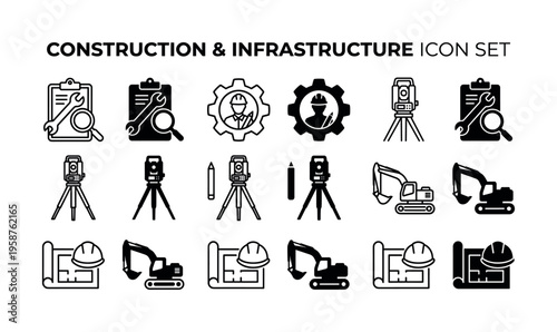 A set of construction and infrastructure icons in line and solid glyph styles. Includes engineer, excavator, blueprint, and surveyor tools. Perfect for web, apps, and presentations.
