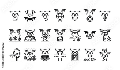 A set of modern line icons illustrating various drone applications like delivery, surveillance, and agriculture. Perfect for technology and innovation concepts.