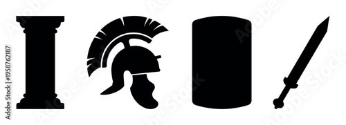 A set of ancient Roman warrior icons. Includes a helmet, shield, sword, and column silhouette. Perfect for history, military, or gaming designs. Vector graphic elements.