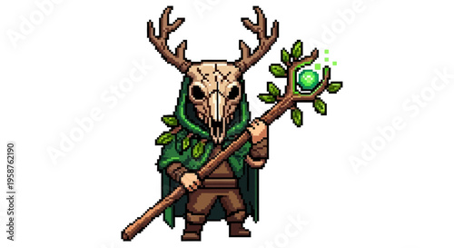 Mysterious Druid Character with Antlers and Staff.
