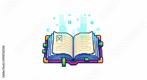 Open magical spell book with glowing pages and symbols.