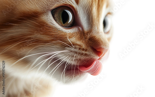 Sweet close-up of a tiny kitten licking its nose emphasizing cuteness, playful nature, and heartwarming animal photography isolated on transparent background PNG
