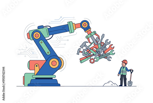 Robotic arm lifting pile of tools with surprised worker below