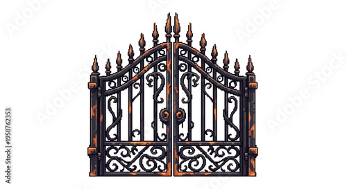 Ornate Black Wrought Iron Double Gates with Decorative Scrollwork.