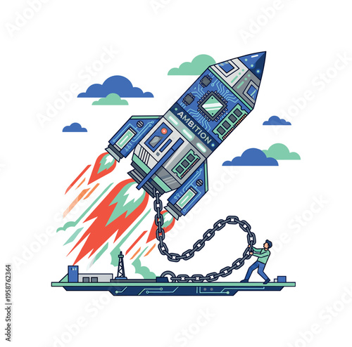 Rocket ship made of computer chips breaks free from chains, symbolizing ambition