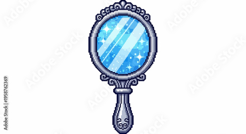 Ornate Handheld Mirror with Sparkling Blue Reflection.