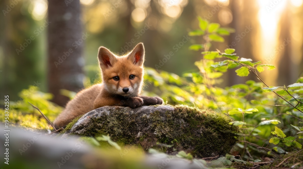 Fototapeta premium Red Fox Cub Resting on Mossy Stone in a Serene Forest Setting