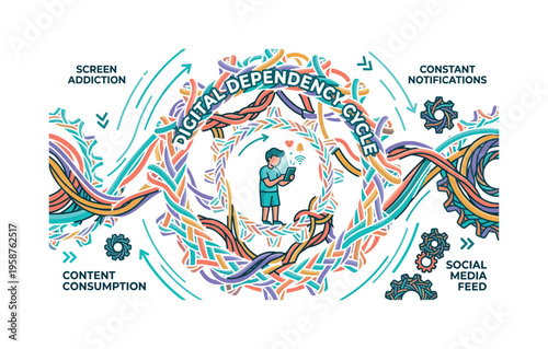 Digital dependency cycle illustrated with intertwined cables forming gears