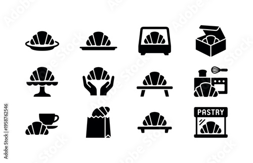 Collection of stylized croissant icons representing various culinary and retail scenarios