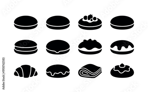Collection of black pastry icons representing various sweet baked goods