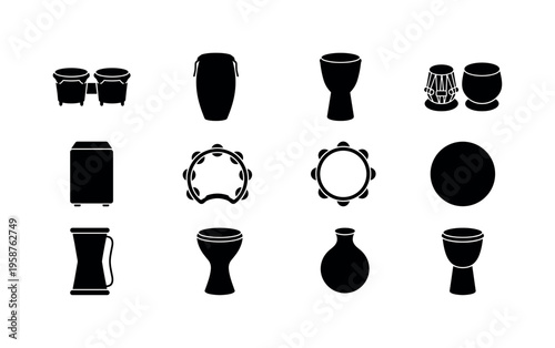 Collection of diverse percussion instrument icons in black and white silhouette