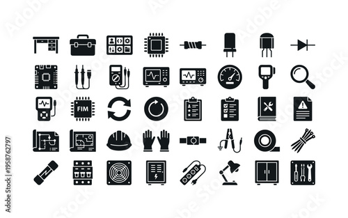 Collection of electronic workshop and repair tools icons