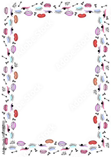 Makeup doodle frame with lips, eyes, arrows and tic tac toe symbols forming square colorful border isolated on white background.