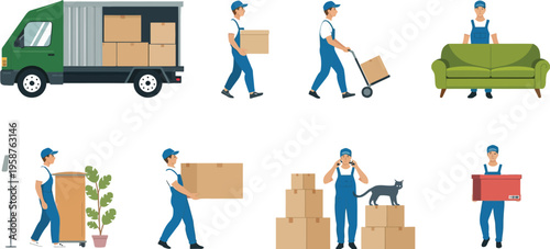Professional Moving Service Characters Set Featuring Delivery Truck and Movers Carrying Cardboard Boxes, Furniture and Home Decor in Flat Vector Illustration for Relocation and Logistics Concept