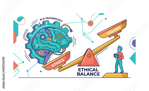 AI and technology illustrated as a robotic brain balancing ethics and values