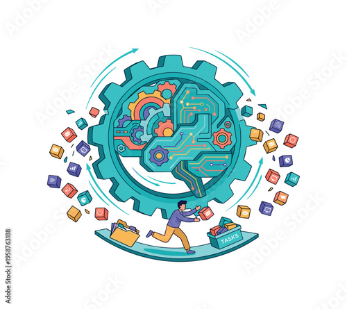 Robotic brain gear processing tasks with a person running to keep up