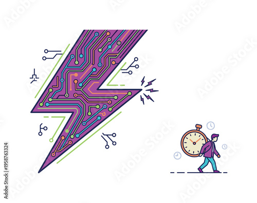 Digital lightning bolt with circuit board patterns and a man carrying a clock