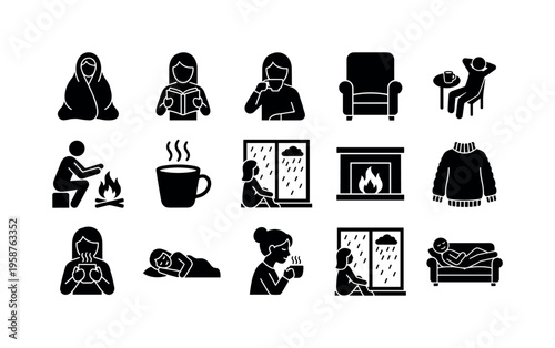 Cozy indoor activities and relaxation icons for a comfortable lifestyle