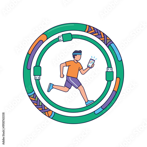 Man running in a circle holding a smartphone, surrounded by charging cables