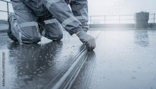 Person in protective gear working on wet rooftop.