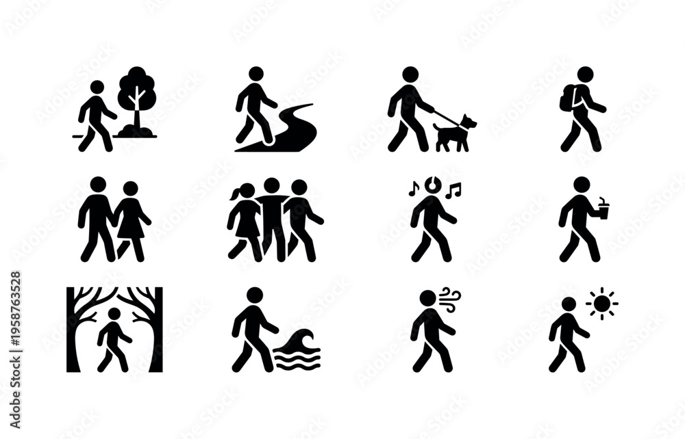 Obraz premium Collection of diverse walking activity icons representing various scenarios and lifestyles