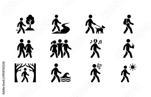 Collection of diverse walking activity icons representing various scenarios and lifestyles