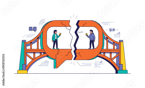 Broken communication bridge shaped like chat bubbles with people on phones