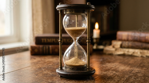 Vintage Hourglass on Wooden Table with Coffee and Books in Cozy Library Setting