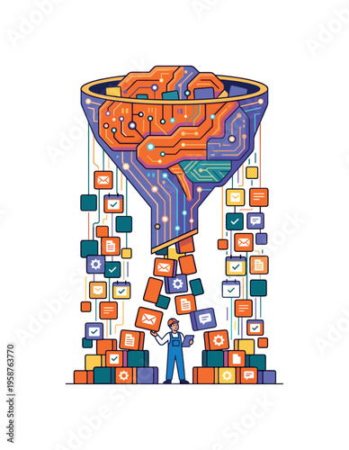 Abstract digital brain funnel processes information into organized data blocks